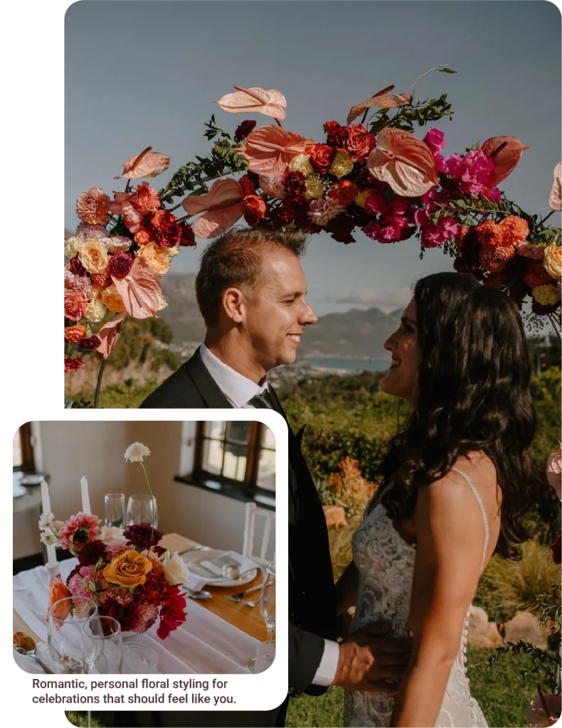A couple getting married with a picture in front of a wedding venue